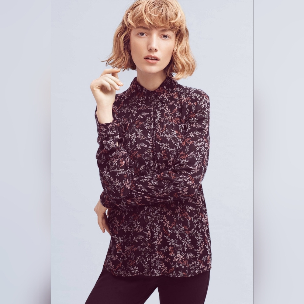 NWOT Anthropologie Maeve Bainbridge Buttondown Blk Floral Blouse Women’s Size 10